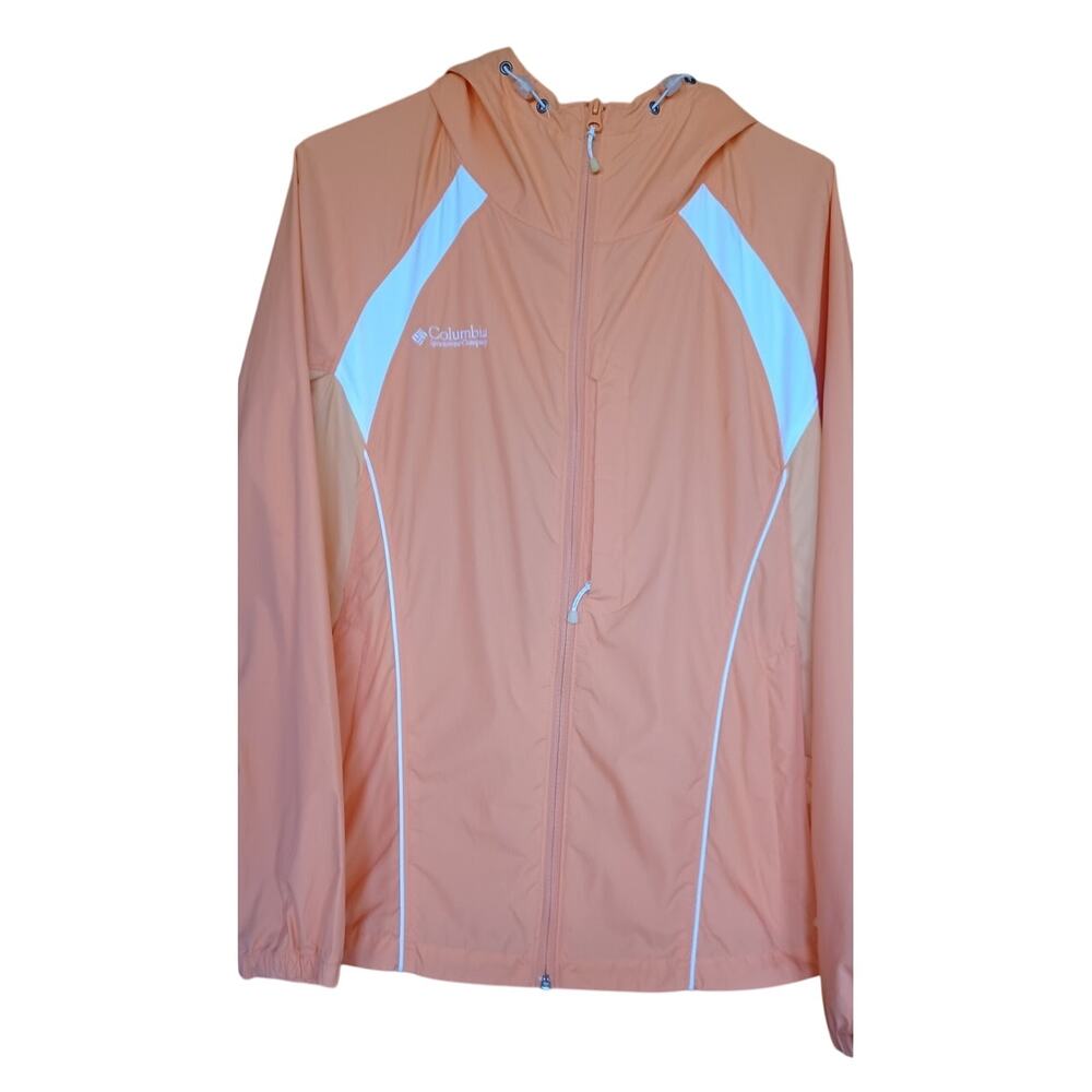 Columbia Orange and White Hooded Windbreaker Rain Jacket Full Zip Women's Large